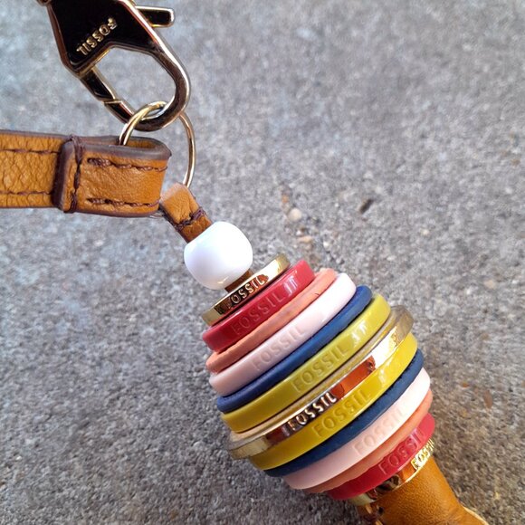 Fossil Brown Leather Beaded Unique Purse Charm Key Chain Purse Accessory 12in - Picture 5 of 5